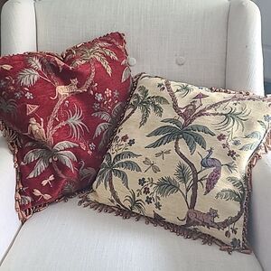 Set 2 Pillows Tapestry Tropical Island Jungle Palm Monkey  Peacock Tiger Beaded